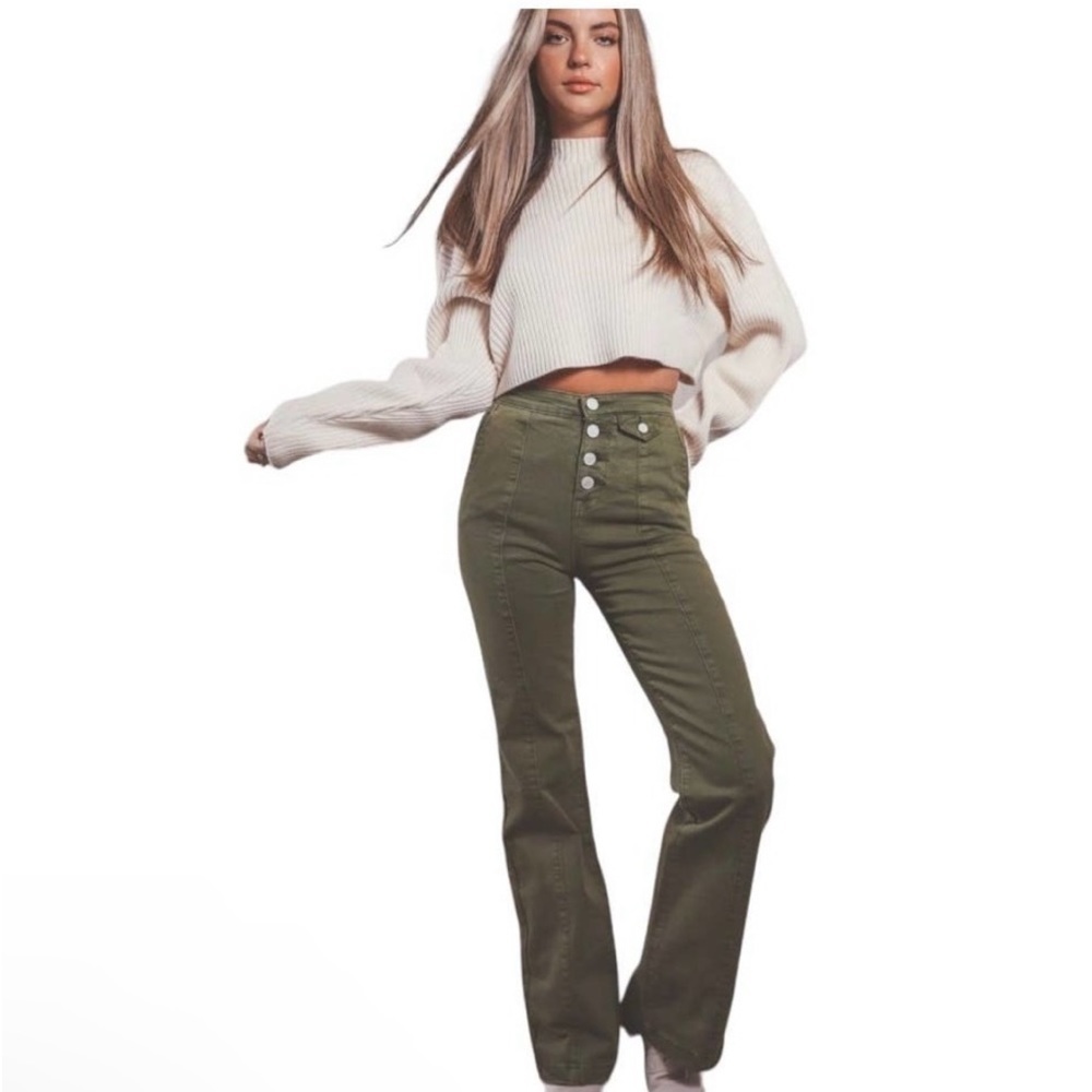 BLANK NYC The Delancey Denim Wide Leg Pants Going Green Size 31 70s Bohemian